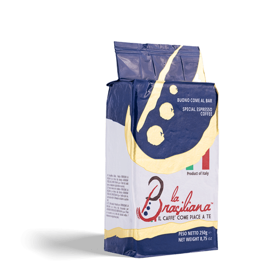 Confezione sottovuoto da 250g di caffè macinato La Brasiliana, packaging bianco blu e oro