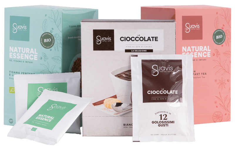 Prodotti Suavis: tisane Natural Essence e cioccolata in bustine Le Cioccolate