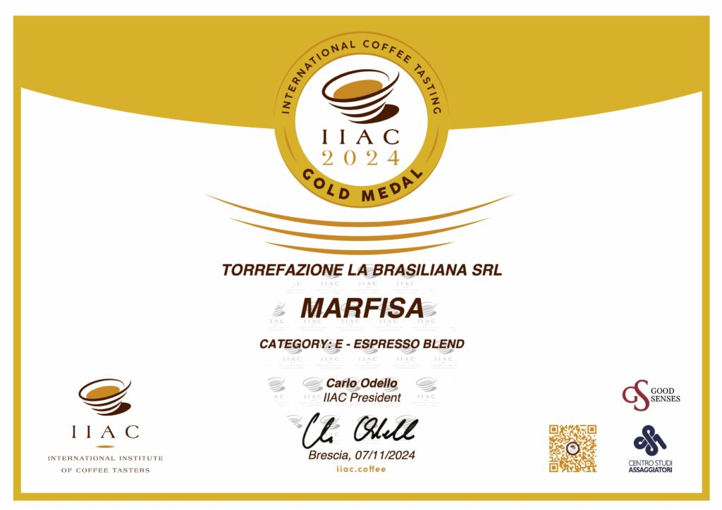 Gold Medal certificate 2024 International Coffee Tasting for Marfisa coffee blend by La Brasiliana, Espresso category