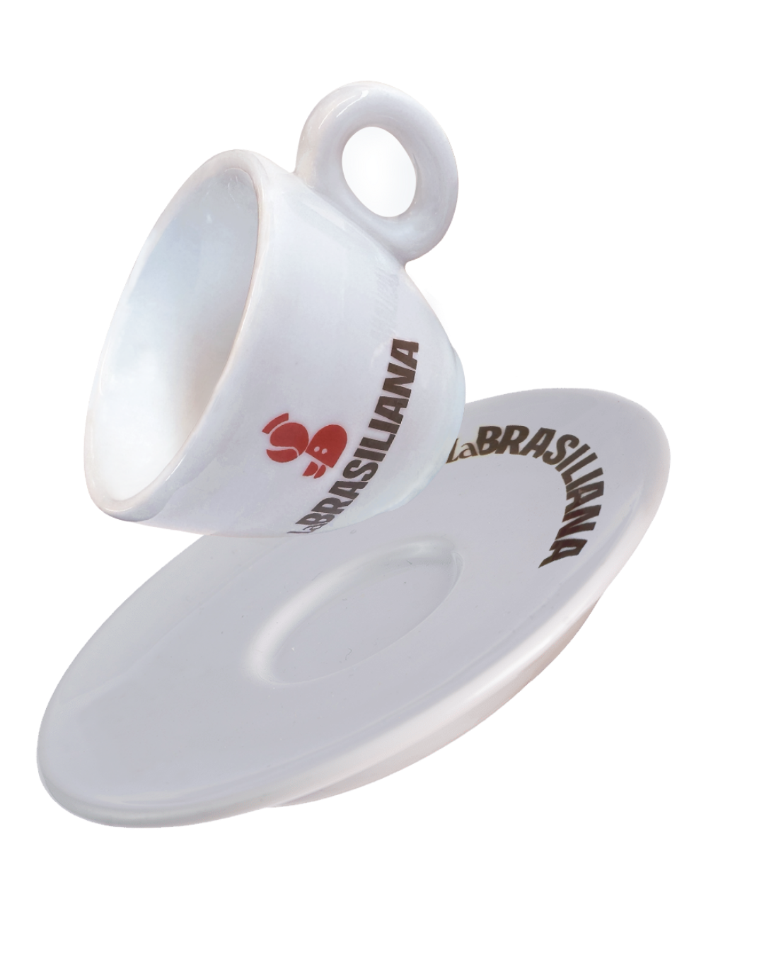 Tazzina da caffè con piattino La Brasiliana, in ceramica bianca con logo rosso e marrone